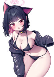 Rule 34 | 1girl, absurdres, animal ears, bikini, black bikini, black choker, black hair, black jacket, blue archive, blush, breasts, cat ears, choker, cleavage, collarbone, colored inner hair, extra ears, halo, highres, hood, jacket, kazusa (blue archive), looking at viewer, medium breasts, metaljelly, multicolored hair, navel, off shoulder, open mouth, pink hair, red eyes, short hair, simple background, sleeves past wrists, solo, swimsuit, two-tone hair, white background