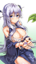 Rule 34 | 1girl, armpit crease, bare shoulders, blurry, blurry background, blush, braid, breasts, cleavage, cleavage cutout, clothing cutout, collarbone, cupping hands, green background, hair between eyes, hair ornament, hair over breasts, hair over one breast, highres, large breasts, leaf, lhu (barappra1), long hair, looking at viewer, mole, mole under eye, multicolored background, original, own hands together, purple eyes, purple hair, shiny skin, simple background, sitting, smile, solo, thighs, very long hair, white background