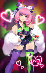 Rule 34 | 1girl, absurdres, bare shoulders, bow, breasts, cleavage, creatures (company), drill hair, game freak, gloves, hair bow, hair ornament, half-closed eyes, heart, highres, jacket, klara (pokemon), large breasts, makeup, mole, mole under mouth, nintendo, off shoulder, open clothes, open jacket, pink hair, poke ball, poke ball (basic), pokemon, pokemon swsh, purple eyes, shirt, short shorts, shorts, single glove, sleeveless, sleeveless shirt, solo, standing, thighhighs, tm (hanamakisan), twin drills