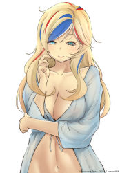 Rule 34 | 1girl, bathrobe, blonde hair, blue eyes, blue hair, blush, breasts, cleavage, commandant teste (kancolle), covered erect nipples, hair between eyes, hair ornament, hat, highres, kantai collection, large breasts, long hair, looking at viewer, multicolored hair, navel, red hair, simple background, smile, solo, streaked hair, timato, wavy hair, white background, white hair