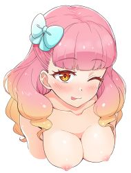 Rule 34 | 1girl, ;p, aikatsu! (series), aikatsu friends!, blue bow, blunt bangs, blush, bow, breasts, collarbone, cropped arms, cropped torso, gradient hair, hair bow, half updo, long hair, looking at viewer, medium breasts, multicolored hair, nipples, nude, one eye closed, orange hair, pink hair, portrait, simple background, solo, tongue, tongue out, upper body, white background, yoban, yuki aine