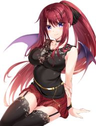 Rule 34 | 1girl, arm behind back, bare arms, bare shoulders, bat wings, black choker, black shirt, black thighhighs, breasts, choker, cleavage, collarbone, commentary request, garter straps, hair between eyes, hair ornament, hairclip, large breasts, long hair, looking at viewer, miniskirt, original, oryo (oryo04), ponytail, purple eyes, red hair, red skirt, shirt, simple background, sitting, skirt, sleeveless, sleeveless shirt, smile, solo, thighhighs, very long hair, watch, white background, wings, wristwatch, zettai ryouiki