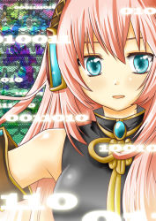Rule 34 | 1girl, :d, aqua eyes, bare shoulders, binary, blue gemstone, blush, breasts, brooch, detached sleeves, gem, glowing, headphones, izumi minami, jewelry, long hair, looking at viewer, medium breasts, megurine luka, open mouth, pink hair, sleeveless, smile, solo, tsurime, upper body, vocaloid