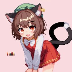 Rule 34 | 1girl, 999 (hansode), animal ear piercing, animal ears, animated, blinking, bow, bowtie, brown hair, cat ears, cat girl, cat tail, chen, color guide, dress, fang, female focus, green hat, hat, looking at viewer, looping animation, mob cap, multiple tails, pixel art, red dress, shirt, short hair, skin fang, solo, tail, touhou, video, white bow, white bowtie, white shirt