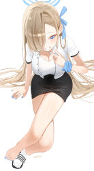 Rule 34 | 1girl, asuna (blue archive), blue archive, blue eyes, haruri, highres, light brown hair, long hair, looking at viewer, shirt, short sleeves, simple background, smile, solo, white shirt