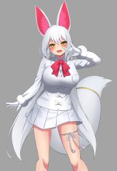 Rule 34 | 1girl, :d, absurdres, animal ears, blush, breasts, deku suke, extra ears, fang, fox ears, fox girl, fox shadow puppet, fox tail, fur-trimmed sleeves, fur trim, gloves, grey background, highres, kemono friends, large breasts, large tail, long hair, long sleeves, looking away, oinari-sama (kemono friends), open mouth, pleated skirt, shirt, simple background, skirt, smile, solo, tail, thigh strap, very long hair, white gloves, white hair, white shirt, white skirt, yellow eyes