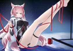 Rule 34 | 1girl, absurdres, animal ears, arknights, bar censor, black dress, bottomless, breasts, cape, censored, cup, dress, extra ears, highres, large breasts, legs up, long hair, long sleeves, looking at viewer, mizuhashi parusui, mug, night, night sky, outdoors, pink eyes, pink hair, pozyomka (arknights), pussy, red ribbon, ribbon, sky, solo, star (sky), starry sky, tail, very long hair, white cape, wolf ears, wolf girl, wolf tail