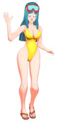 Rule 34 | 1girl, 3d, absurdres, artist request, blue eyes, blue hair, breasts, cleavage, cowboy shot, curvy, dragon ball, dragonball z, full body, highleg, highleg swimsuit, highres, large breasts, long hair, looking at viewer, maron (dragon ball), matching hair/eyes, one-piece swimsuit, salute, simple background, smile, solo, swimsuit, yellow one-piece swimsuit