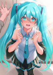 Rule 34 | 1boy, 1girl, ahoge, bare shoulders, black skirt, black sleeves, black thighhighs, blouse, blue eyes, blue hair, blue necktie, blush, collared shirt, commentary request, detached sleeves, feet out of frame, hair between eyes, hands up, hatsune miku, highres, inue ao, kabedon, long hair, looking at viewer, necktie, open mouth, pleated skirt, pov, pov hands, shirt, short sleeves, skirt, sleeveless, sleeveless shirt, solo focus, standing, sweat, thighhighs, tie clip, twintails, very long hair, vocaloid, white shirt, wide sleeves