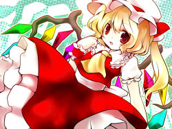 Rule 34 | 1girl, akina (schism), bad id, bad pixiv id, blonde hair, blouse, collared shirt, embodiment of scarlet devil, female focus, flandre scarlet, hair between eyes, hat, mob cap, red eyes, red wrist cuffs, shirt, solo, touhou, white hat, white shirt, wings, wrist cuffs
