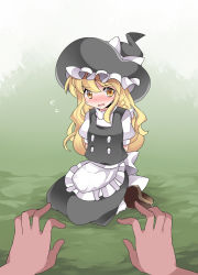 Rule 34 | 1girl, apron, bad id, bad pixiv id, black dress, blonde hair, blush, bound, braid, commentary request, dress, flying sweatdrops, hammer (sunset beach), hat, kirisame marisa, long hair, looking at viewer, open mouth, pov, pov hands, puffy sleeves, restrained, seiza, shirt, short sleeves, single braid, sitting, solo focus, tears, tied up, touhou, very long hair, waist apron, witch hat, yellow eyes