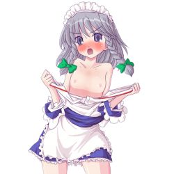 Rule 34 | 1girl, angry, blush, braid, breasts, frills, izayoi sakuya, long hair, looking at viewer, maid, nipples, open clothes, purple eyes, silver hair, small breasts, solo, topless, touhou