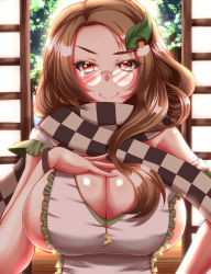 Rule 34 | 1girl, apron, breasts, brown eyes, brown hair, cleavage, futatsuiwa mamizou, futatsuiwa mamizou (human), glasses, hand on breast, highres, large breasts, leaf, leaf on head, looking at viewer, naked apron, object on head, pince-nez, scarf, sideboob, smile, solo, touhou, upper body, zan (harukahime)