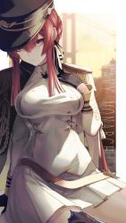 Rule 34 | 1girl, absurdres, azur lane, black coat, black gloves, black hat, black thighhighs, blurry, blurry background, braid, breasts, character name, closed mouth, coat, commentary request, covered navel, epaulettes, gloves, hair between eyes, hand on own chest, hat, head tilt, highres, jacket, jacket on shoulders, jewelry, kanashi kumo, large breasts, long hair, looking at viewer, military, military jacket, military uniform, monarch (azur lane), parted lips, peaked cap, pleated skirt, red hair, revision, sidelocks, skirt, solo, sunset, thighhighs, uniform, white jacket, white skirt