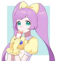 Rule 34 | 1girl, ahoge, blue background, bow, closed mouth, commentary request, flower, gloves, green eyes, hair bow, hands up, holding, long hair, looking at viewer, manaka laala, nanceee 305, pretty series, pripara, puffy short sleeves, puffy sleeves, purple hair, shirt, short sleeves, smile, solo, twintails, upper body, very long hair, yellow bow, yellow flower, yellow gloves, yellow shirt
