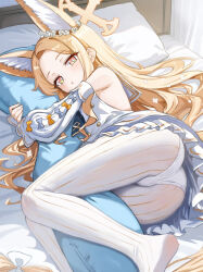 1girl :o animal_ear_fluff animal_ears ass blonde_hair blue_archive breasts commentary_request dress fox_ears fox_girl halo head_wreath indoors kakeian_(aiyoriaosi_00) looking_at_viewer lying on_bed on_side panties panties_under_pantyhose pantyhose seia_(blue_archive) small_breasts solo underwear white_dress white_pantyhose yellow_eyes yellow_halo