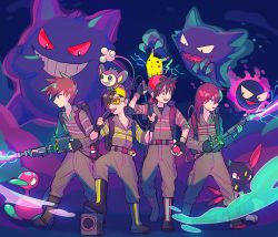 Rule 34 | 4boys, aipom, antimatter weapon, baseball cap, black hair, blue electricity, blue oak, brown hair, creatures (company), directed-energy weapon, electricity, energy, energy beam, energy gun, energy weapon, ethan (pokemon), funoito, game freak, gastly, gen 1 pokemon, gen 2 pokemon, gen 4 pokemon, gengar, ghostbusters, goggles, green electricity, green eyes, hat, haunter, jumpsuit, long hair, male focus, multiple boys, nintendo, parody, particle-beam weapon, particle beam, particle thrower, pikachu, pokemon, pokemon (creature), pokemon adventures, porygon2, proton pack, red (pokemon), red hair, silver (pokemon), weapon, weavile