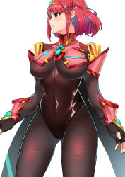Rule 34 | absurdres, adapted costume, bodysuit, breasts, chest jewel, earrings, fingerless gloves, gloves, highres, jewelry, large breasts, pantyhose, pyra (xenoblade), red eyes, red hair, short hair, simple background, solo, swept bangs, tiara, white background, xenoblade chronicles (series), xenoblade chronicles 2, you nf