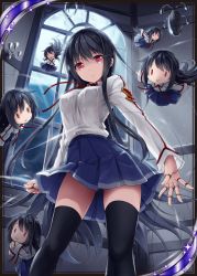 Rule 34 | 1girl, akkijin, black hair, black thighhighs, card (medium), chibi, gluteal fold, jewelry, long hair, moon, night, night sky, open mouth, puppet, puppet rings, puppet strings, red eyes, ring, shinkai no valkyrie, skirt, sky, solo, surprised, thighhighs