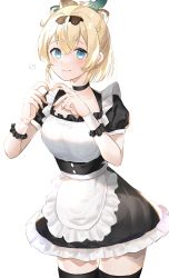 Rule 34 | 1girl, absurdres, alternate costume, apron, blonde hair, blue eyes, enmaided, heart, heart hands, highres, hololive, kazama iroha, maid, maid apron, ponytail, smile, thighhighs, virtual youtuber, white background, wrist cuffs, yoshioka (today is kyou)
