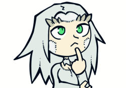 Rule 34 | 1girl, :&lt;, breasts, cleavage, closed mouth, dark souls (series), dark souls i, dragon horns, flat color, green eyes, horns, long hair, looking up, priscilla the crossbreed, setz, simple background, solo, upper body, white background, white hair