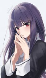 Rule 34 | 1girl, asagami fujino, black dress, blunt bangs, blush, commentary request, dress, fingernails, fingers together, kara no kyoukai, long hair, long sleeves, looking at viewer, neckerchief, okakasushi, open mouth, own hands together, parted lips, purple hair, red eyes, reien girl&#039;s academy school uniform, school uniform, sidelocks, simple background, solo, straight hair, twitter username, uniform, white background, white neckerchief