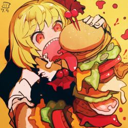 Rule 34 | 1girl, black dress, blonde hair, burger, burger malfunction, commentary request, dated, dress, drooling, food, hair ribbon, holding, holding food, long sleeves, maaru (akira428), one-hour drawing challenge, open mouth, red eyes, red neckwear, red ribbon, ribbon, ringed eyes, rumia, sharp teeth, shirt, short hair, solo, teeth, too much burger, touhou, upper body, white shirt, yellow background