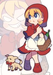 Rule 34 | 1girl, basket, blonde hair, blue eyes, blush stickers, bottle, bow, bulleta, capelet, commentary, dog, evil grin, evil smile, grin, harry (vampire), highres, hood, hooded capelet, medium hair, miyata (lhr), picnic basket, red bow, red footwear, red hood, smile, solo, vampire (game), zoom layer