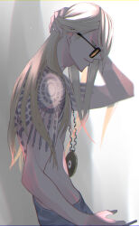 Rule 34 | 1boy, between fingers, blonde hair, blue eyes, cigarette, closed mouth, fate/grand order, fate (series), from side, gold necklace, highres, holding, holding cigarette, jewelry, long hair, looking down, male focus, necklace, short hair, shoulder tattoo, solo, tattoo, tezcatlipoca (fate), tinted eyewear, topless male, udonmoudon