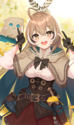 Rule 34 | 1girl, :d, absurdres, ahoge, arms up, autumn leaves, backlighting, belt, belt buckle, black bow, black bowtie, black gloves, blouse, blush, bow, bowtie, breasts, brown capelet, brown eyes, brown hair, buckle, capelet, corset, cowboy shot, dagger, day, double v, feather hair ornament, feathers, friend (nanashi mumei), fringe trim, ginkgo leaf, gloves, hair ornament, hairclip, highres, holocouncil, hololive, hololive english, knife, lantern, leaf, long hair, long sleeves, looking at viewer, medium breasts, nanashi mumei, open mouth, outdoors, partially fingerless gloves, pouch, red skirt, round teeth, sheath, sheathed, shinyu xingyu, shirt, skirt, smile, solo focus, teeth, underbust, upper teeth only, v, virtual youtuber, weapon, white shirt