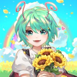 Rule 34 | 1girl, :d, anotherred, antennae, black cape, blush, cape, chinese commentary, cloud, collared shirt, commentary request, day, eyes visible through hair, falling petals, field, flower, flower field, green eyes, green hair, hair between eyes, happy, heart, highres, looking at viewer, lower teeth only, open mouth, petals, puffy short sleeves, puffy sleeves, rainbow, red cape, shirt, short hair, short sleeves, sky, smile, solo, sunflower, sunflower field, teeth, touhou, two-sided cape, two-sided fabric, upper body, white shirt, wriggle nightbug, yellow flower