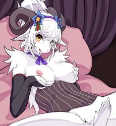 Rule 34 | 1girl, animal ears, bare shoulders, bed, black sleeves, body fur, breasts, commentary, detached sleeves, furry, furry female, goat, goat ears, goat girl, goat horns, goat tail, grabbing own breast, hair ribbon, horizontal pupils, horns, large breasts, long hair, long sleeves, looking at viewer, lying, nipples, on back, open mouth, original, purple ribbon, ribbon, snout, solo, white fur, wkar, yellow eyes