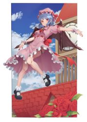 Rule 34 | 1girl, absurdres, bare legs, blue hair, blue sky, clock, clock tower, cloud, cloudy sky, day, demon wings, dress, floating, flower, frilled dress, frills, full body, goback, grin, hair between eyes, hat, hat ribbon, highres, legs, light purple hair, looking at viewer, midair, nail polish, outdoors, pink dress, puffy short sleeves, puffy sleeves, red eyes, red flower, red nails, red ribbon, red rose, remilia scarlet, ribbon, ribbon-trimmed dress, rose, short sleeves, sky, smile, solo, thighs, touhou, tower, upskirt, vampire, wings