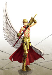 Rule 34 | 1boy, asura (asr4000), blonde hair, chain, ea (fate/stay night), earrings, fate/hollow ataraxia, fate (series), gauntlets, gilgamesh (fate), highres, jewelry, male focus, necklace, red eyes, single wing, solo, tattoo, topless male, wings