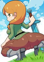 Rule 34 | 1girl, absurdres, alex (minecraft), ass, black sash, blonde hair, blue sky, boots, brown pants, cameltoe, closed mouth, expressionless, from behind, grass, green eyes, green shirt, grey footwear, hair over shoulder, highres, holding, holding sword, holding weapon, long sleeves, minecraft, outdoors, pants, planted, planted sword, planted weapon, rariatto (ganguri), sash, shirt, sideways glance, sky, squatting, sword, weapon