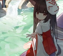 Rule 34 | 1girl, animal ear fluff, animal ears, barefoot, brown eyes, brown hair, closed mouth, commentary request, fox mask, hakama, hakama skirt, hand up, japanese clothes, kimono, long hair, long sleeves, looking at viewer, looking to the side, mask, mask on head, original, red hakama, sitting, skirt, soaking feet, solo, very long hair, water, white kimono, wide sleeves, yuuhagi (amaretto-no-natsu)