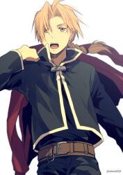 Rule 34 | 1boy, belt, blonde hair, braid, brown belt, commentary request, edward elric, fullmetal alchemist, hair intakes, hair tie, high collar, holding, holding clothes, holding jacket, jacket, long hair, long sleeves, male focus, mashima shima, open mouth, red jacket, solo, teeth, twitter username, upper teeth only, white background, yellow eyes