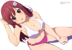 Rule 34 | 1girl, 22/7, absurdres, bare legs, bare shoulders, between legs, bikini, breasts, cleavage, flower, hair flower, hair ornament, hand between legs, hand in own hair, highres, jiang yifan, looking at viewer, medium breasts, megami magazine, mismatched bikini, navel, o-ring, o-ring bottom, official art, open mouth, pink bikini, red eyes, red hair, sato reika, simple background, sitting, smile, swimsuit, white background, white bikini
