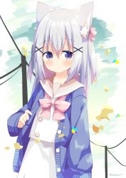 Rule 34 | 1girl, animal ear fluff, animal ears, bad id, bad pixiv id, blue eyes, blue jacket, blush, bow, brown sailor collar, cat ears, closed mouth, commentary request, grey hair, hair ornament, highres, jacket, long hair, long sleeves, looking at viewer, nakkar, open clothes, open jacket, original, pink bow, pink hair, power lines, sailor collar, school uniform, serafuku, shirt, skirt, sleeves past wrists, solo, utility pole, white serafuku, white shirt, white skirt, x hair ornament
