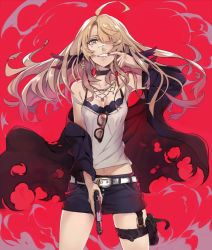 Rule 34 | 1girl, ahoge, bandaid, bandaid on face, bare shoulders, belt, black skirt, blonde hair, blue eyes, breasts, choker, coat, cowboy shot, earrings, eyewear hang, unworn eyewear, finger in own mouth, gun, hair ornament, hair over one eye, handgun, holding, holding gun, holding weapon, holster, jewelry, lips, long hair, looking at viewer, medium breasts, miniskirt, mole, mole under mouth, necklace, off shoulder, original, pistol, pokimari, red background, red coat, revision, shirt, simple background, skirt, smile, smoke, solo, standing, sunglasses, sunglasses removed, teeth, thigh strap, torn clothes, torn coat, weapon, white shirt
