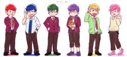 Rule 34 | 10s, 6+boys, ;d, bad id, bad pixiv id, blonde hair, blue hair, book, brothers, cardigan, cat, f6 (osomatsu-san), glasses, green hair, hand on own hip, hood, hoodie, jewelry, lineup, male focus, matsuno choromatsu, matsuno ichimatsu, matsuno jyushimatsu, matsuno karamatsu, matsuno osomatsu, matsuno todomatsu, multiple boys, necklace, one eye closed, open mouth, osomatsu-kun, osomatsu-san, osomatsu (series), pink hair, purple hair, red hair, salute, school uniform, sextuplets, siblings, simple background, smile, sweater, two-finger salute, white background, wiping nose, yomiko (miz74)