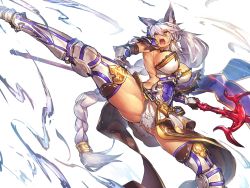 Rule 34 | 10s, 1girl, abs, angry, animal ears, armor, armored boots, boots, braid, breasts, brown eyes, covered navel, curvy, erune, female focus, gauntlets, granblue fantasy, heles, highres, holding, holding weapon, huge breasts, kicking, legs, long hair, long legs, melon22, open mouth, polearm, sideboob, silver hair, solo, teeth, thick thighs, thigh boots, thighhighs, thighs, trident, very long hair, weapon, wolf ears