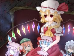 Rule 34 | 1girl, :&gt;, :&lt;, ascot, blonde hair, blue hair, bow, braid, character doll, couch, crescent, female focus, flandre scarlet, hair bow, hat, hat ribbon, hong meiling, izayoi sakuya, lips, long hair, looking away, maid headdress, mob cap, nanoko77, patchouli knowledge, purple hair, red eyes, red hair, remilia scarlet, ribbon, short hair, short sleeves, side ponytail, silver hair, sitting, skirt, skirt set, solo, star (symbol), touhou, twin braids, wings