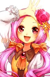 Rule 34 | 1girl, arm up, bad id, bad pixiv id, blush, bow, brooch, character name, eyelashes, fang, flower, forehead, gem, hair bow, hair flower, hair ornament, jewelry, long hair, low twintails, open mouth, original, pink eyes, pink hair, smile, twintails, wadani hitonori