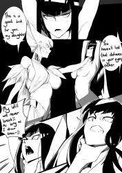 Rule 34 | 2girls, angry, armpits, arms up, breasts, cleavage, clenched teeth, clothed female nude female, dialogue box, english text, glaring, groin, hand up, hanging, highres, imperator-shiro, kill la kill, kiryuuin ragyou, kiryuuin satsuki, large breasts, medium breasts, midriff, monochrome, multiple girls, multiple views, navel, no bra, nude, open mouth, sideboob, stomach, teeth