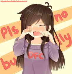 Rule 34 | 1girl, blush, brown hair, bullying, closed eyes, commission, crying, deviantart username, dfc-tan, english text, eyebrows, female focus, open mouth, sakuraalice33, shirt, simple background, solo, t-shirt, text focus, watermark, wavy mouth, web address