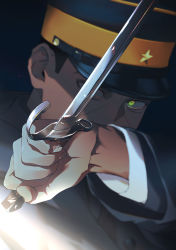 Rule 34 | 1boy, bayonet, black background, black hat, black jacket, golden kamuy, hand up, hat, holding, holding knife, holding weapon, imperial japanese army, jacket, knife, long sleeves, looking at viewer, male focus, military hat, reverse grip, solo, tr (lauralauraluara), tsukishima hajime, upper body, weapon, yellow eyes