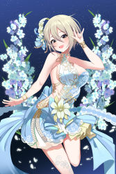 Rule 34 | 1girl, absurdres, blush, bracelet, breasts, dress, floral background, glowing, glowing petals, greyscale, hair between eyes, highres, idolmaster, idolmaster cinderella girls, jewelry, large breasts, looking at viewer, m/, monochrome, petals, ribs, round teeth, shiomi syuko, short hair, sky, sleeveless, sleeveless dress, smile, solo, standing, standing on one leg, star (sky), starry sky, sylph kim, teeth
