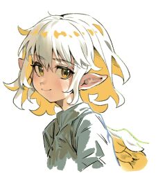 Rule 34 | 1girl, closed mouth, collared shirt, colored inner hair, grey shirt, highres, light blush, looking at viewer, maido mido, medium hair, multicolored hair, original, pointy ears, shirt, simple background, smile, solo, upper body, white background, white hair, wings, yellow eyes