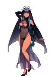 Rule 34 | 1girl, artist request, black hair, blue hair, braid, breasts, commission, detached sleeves, elbow gloves, fantasy, full body, gloves, headdress, high heels, large breasts, multicolored hair, original, parted lips, priestess, purple eyes, see-through, snow, solo, tan, two-tone hair, veil, white background